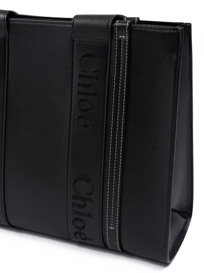 Black Woody Embroidered Logo Leather Medium Tote Bag
