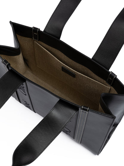 Black Woody Embroidered Logo Leather Medium Tote Bag