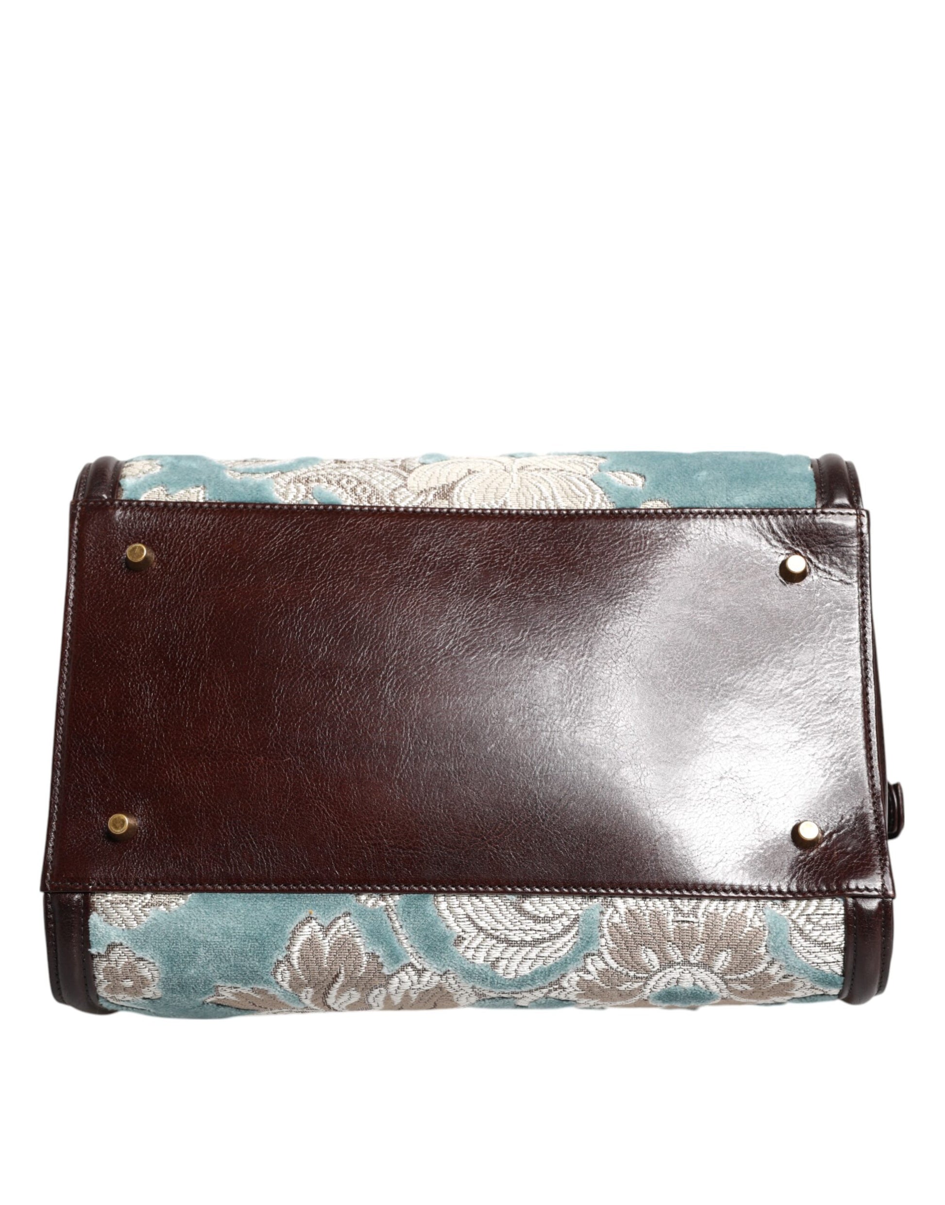 Blue Brown Leather Floral Jacquard Travel Handbag Bag