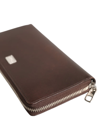 Brown Calfskin Leather Logo Zip Around Continental Wallet