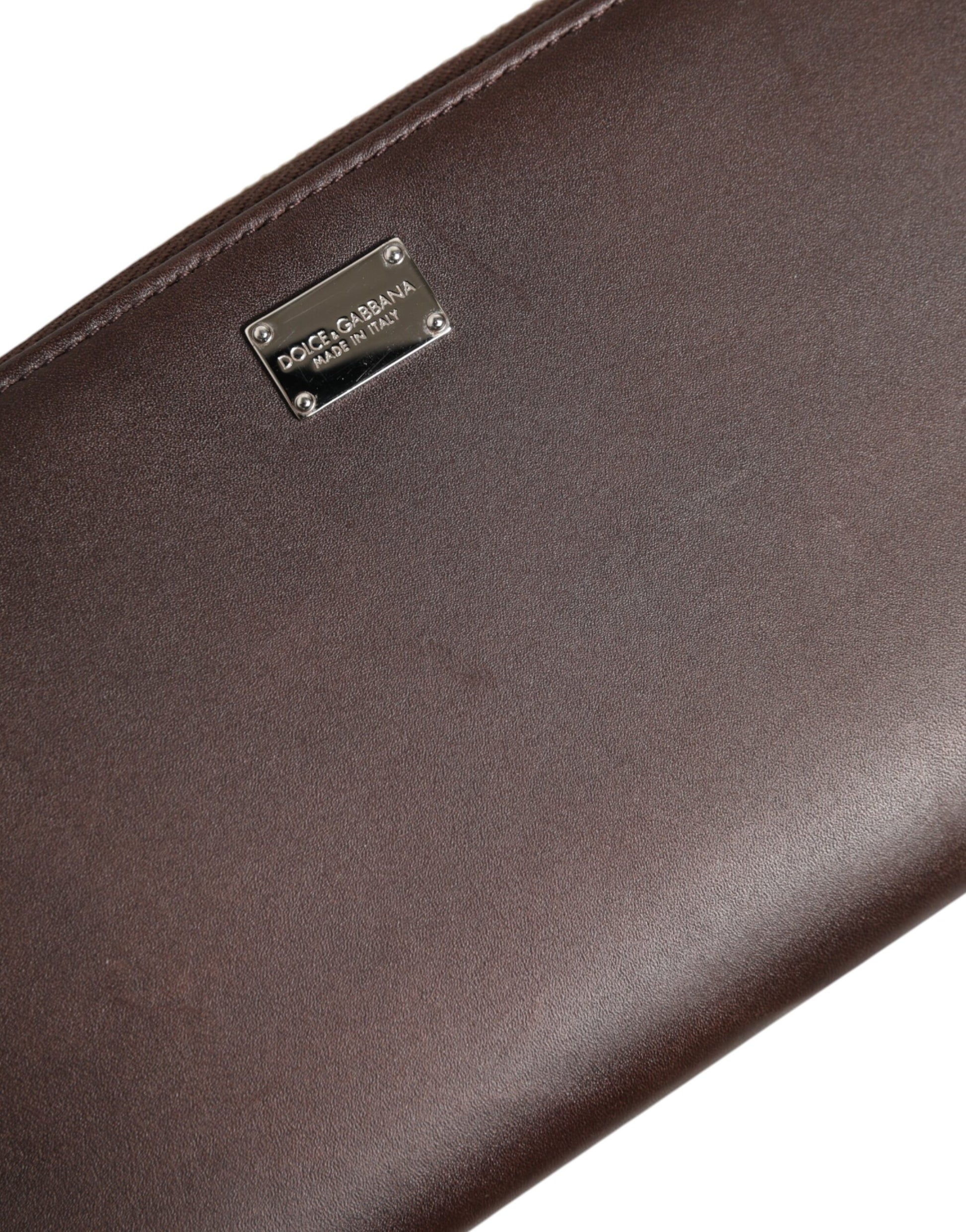 Brown Calfskin Leather Logo Zip Around Continental Wallet