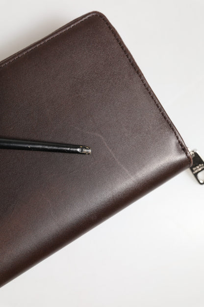Brown Calfskin Leather Logo Zip Around Continental Wallet