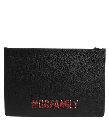 Black Leather #DGFAMILY Embellished Men Clutch Pouch Bag