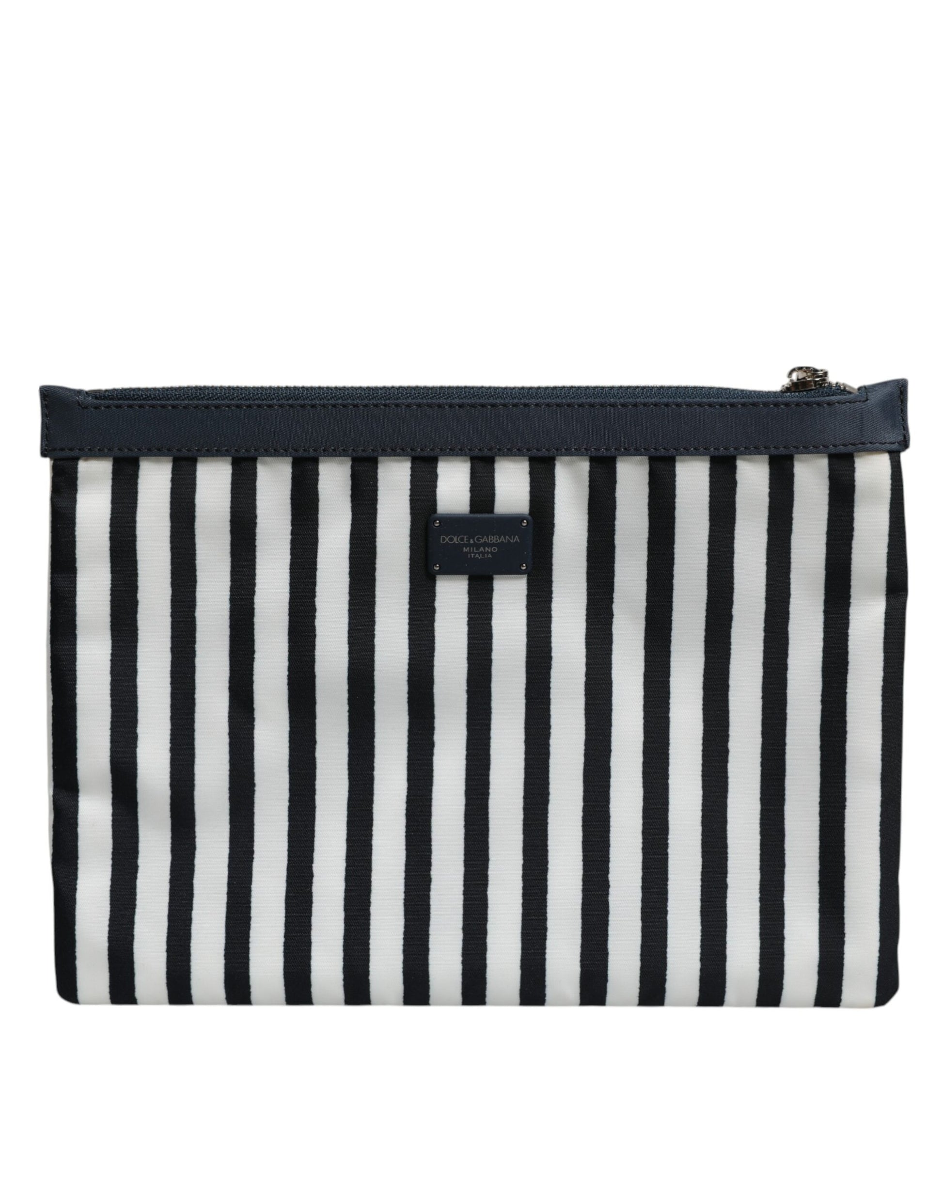 Black White Striped Logo Plaque Clutch Pouch Bag