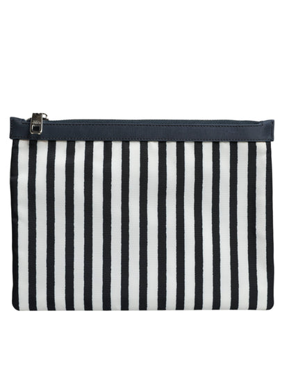 Black White Striped Logo Plaque Clutch Pouch Bag