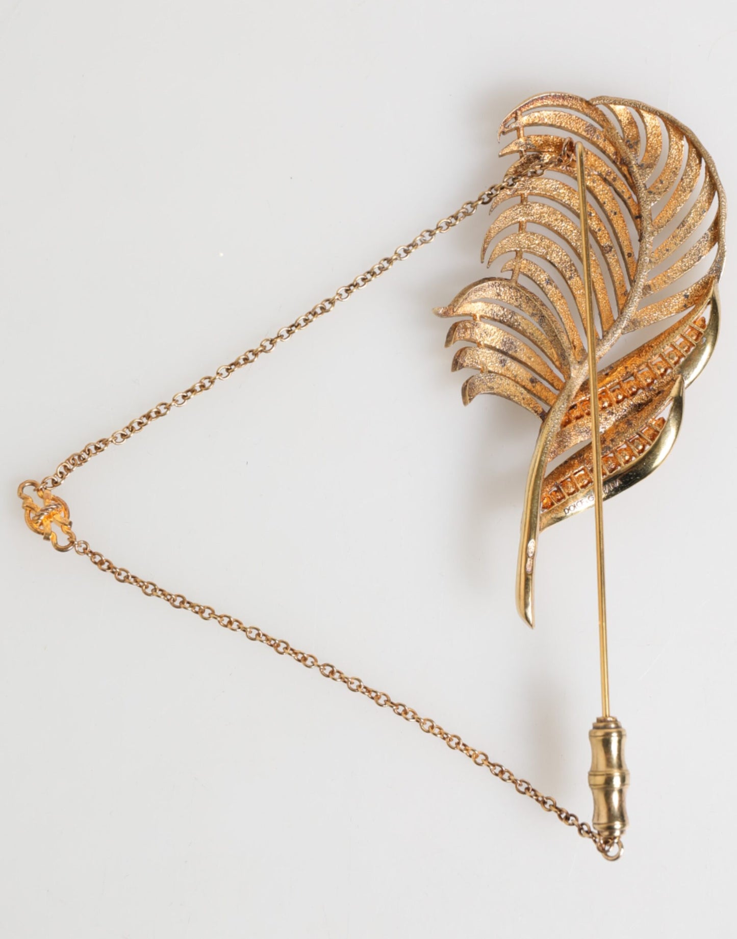 Gold Tone Leaf 925 Sterling Silver Crystal Chain Brooch