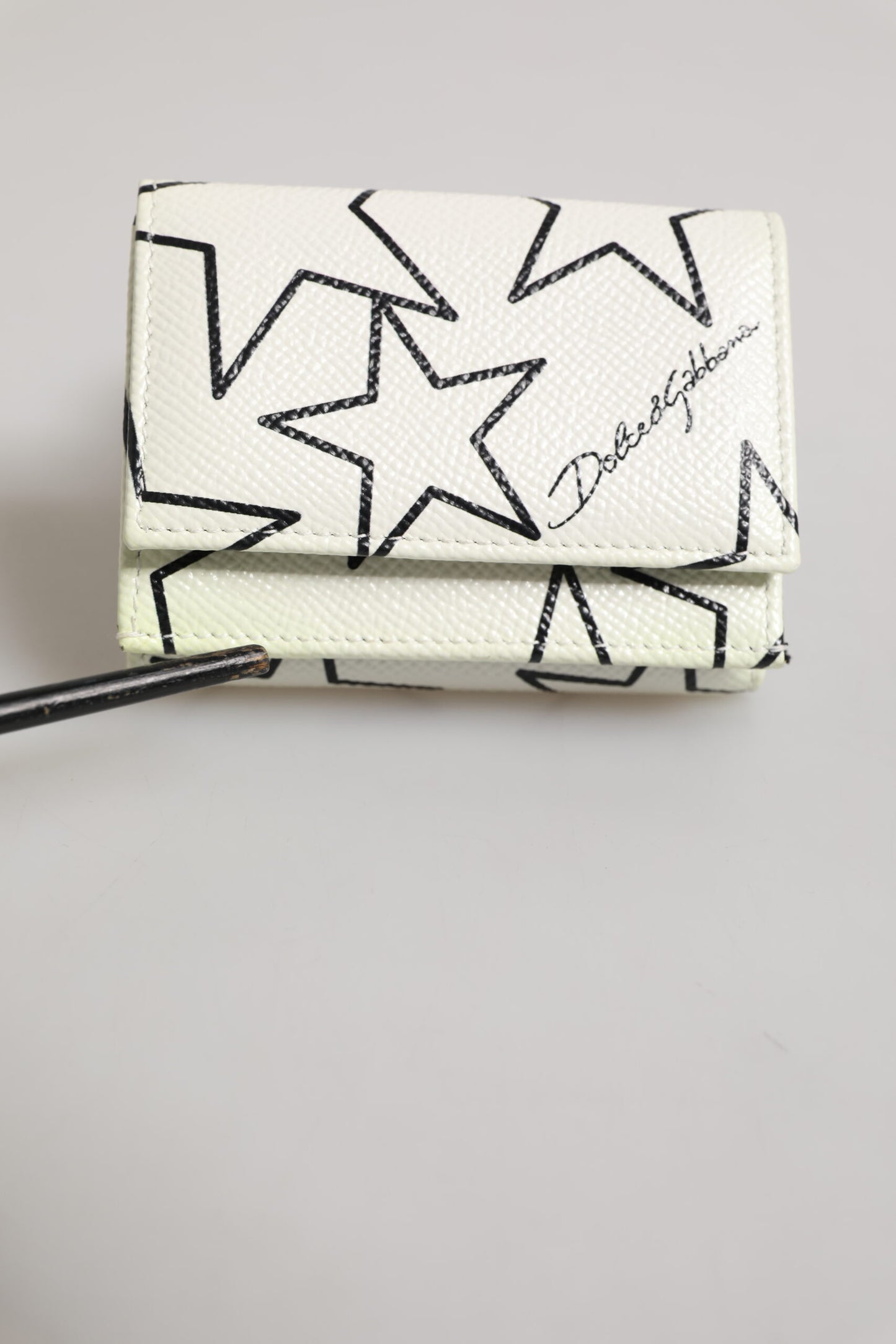 White Leather Trifold DG Star Print Card Holder Wallet