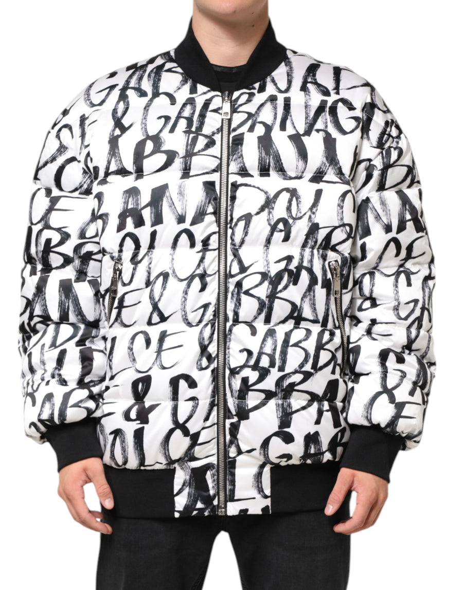 White Black Graffiti Logo Puffer Bomber Jacket