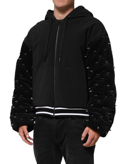 Black Cotton Quilted Studded Sleeve Hoodie Jacket
