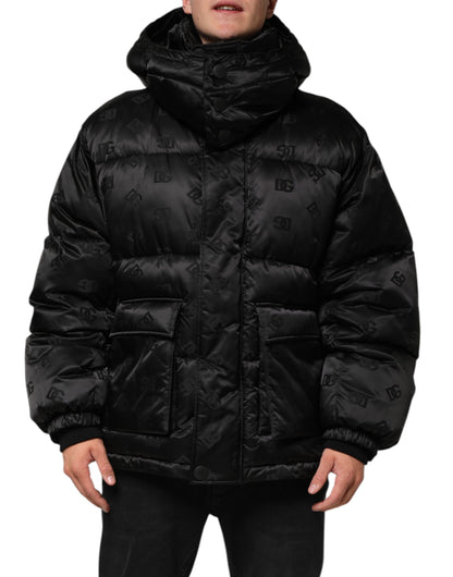 Black Monogram Logo Puffer Nylon Hooded Jacket