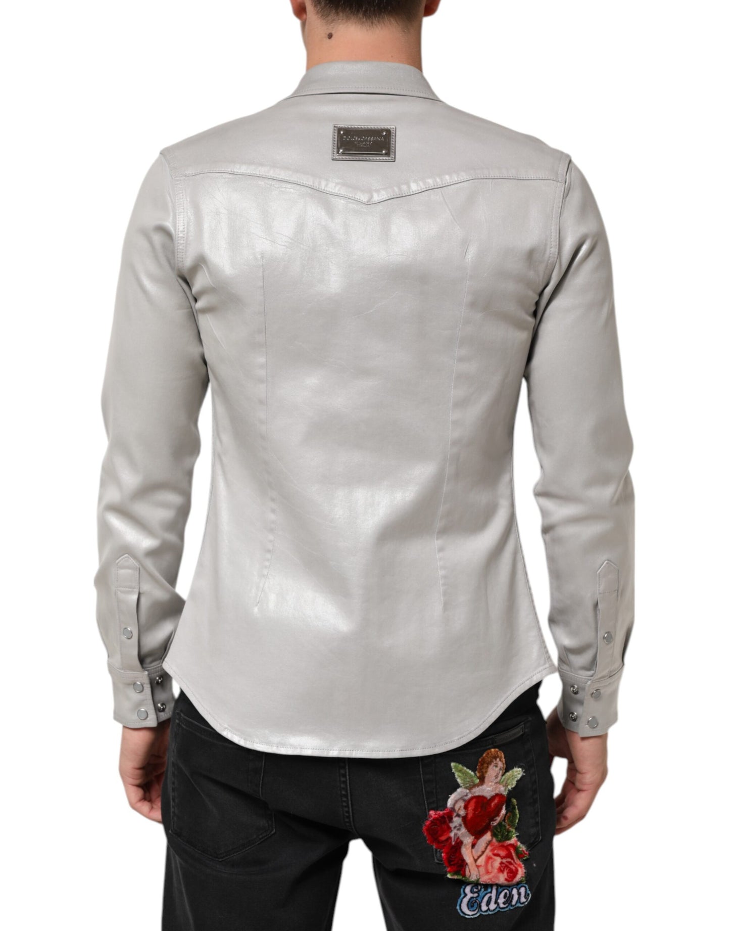 Metallic Gray Cotton Button Down Men Shirt