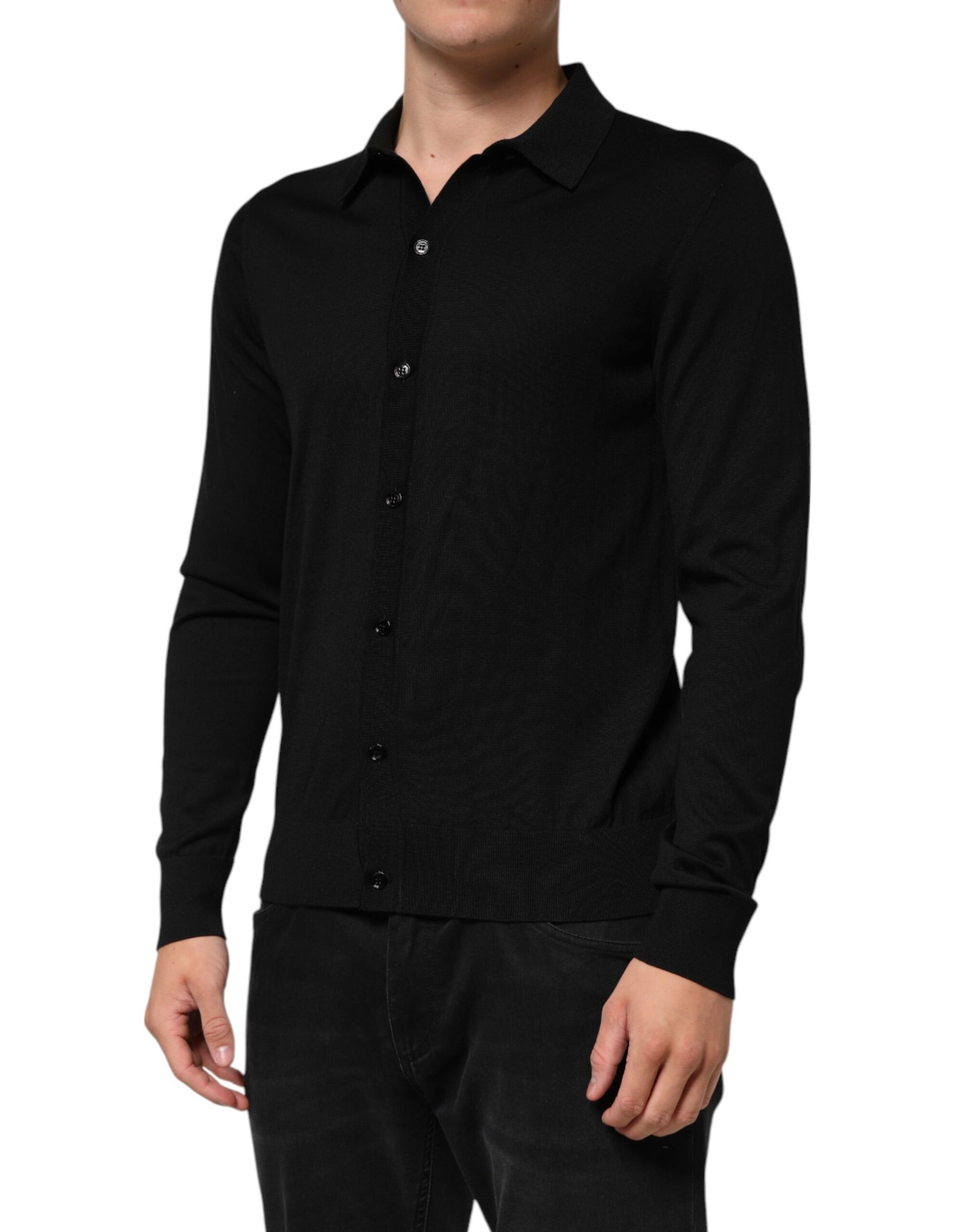Black Silk Button Up Lightweight Sweater