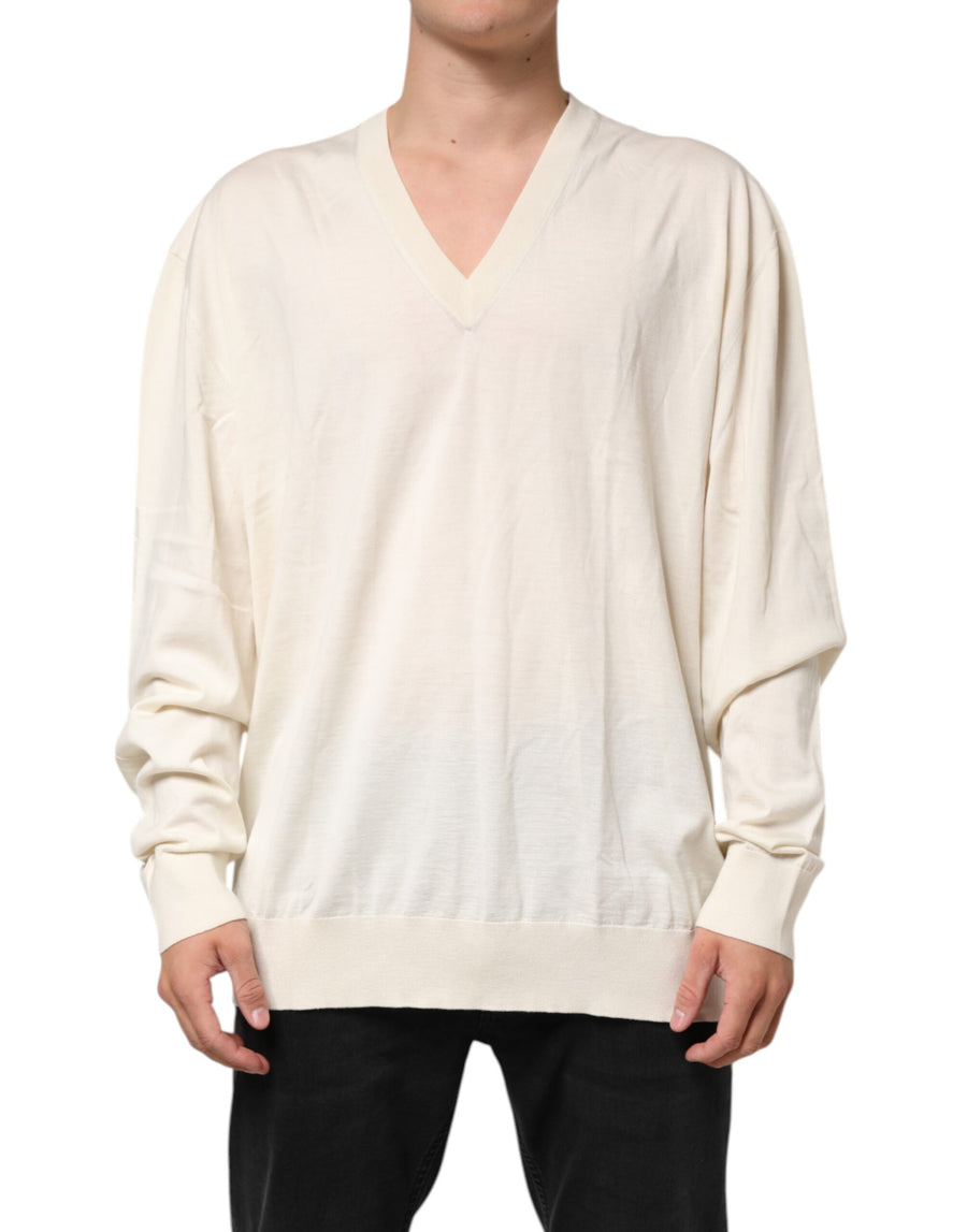 Ivory Virgin Wool Men V-Neck Knit Sweater