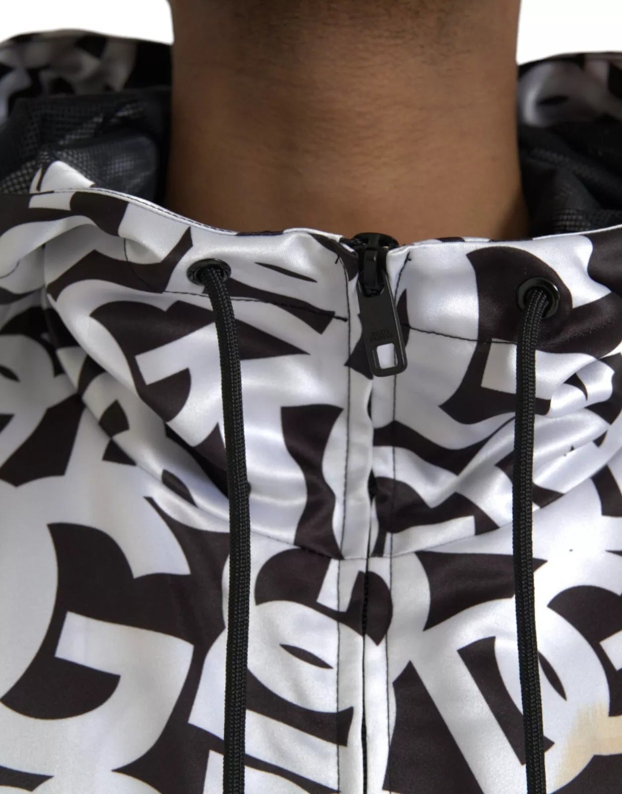 White Black Logo Hooded Full Zip Bomber Jacket