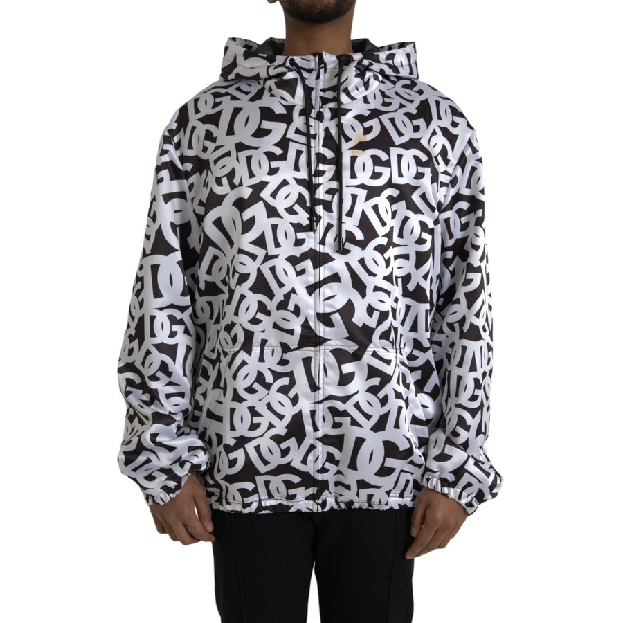White Black Logo Hooded Full Zip Bomber Jacket