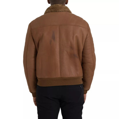 Brown Leather Fur Button Biker Coat Jacket