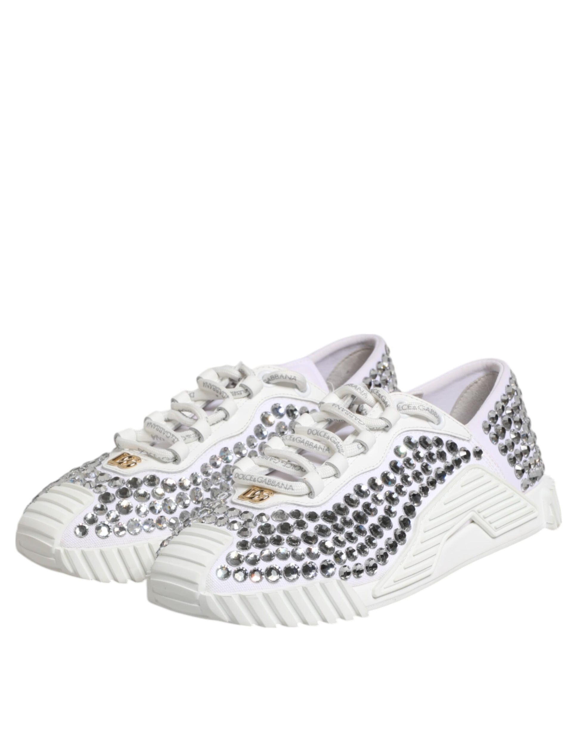 White NS1 Canvas Leather Embellished Sneakers Shoes