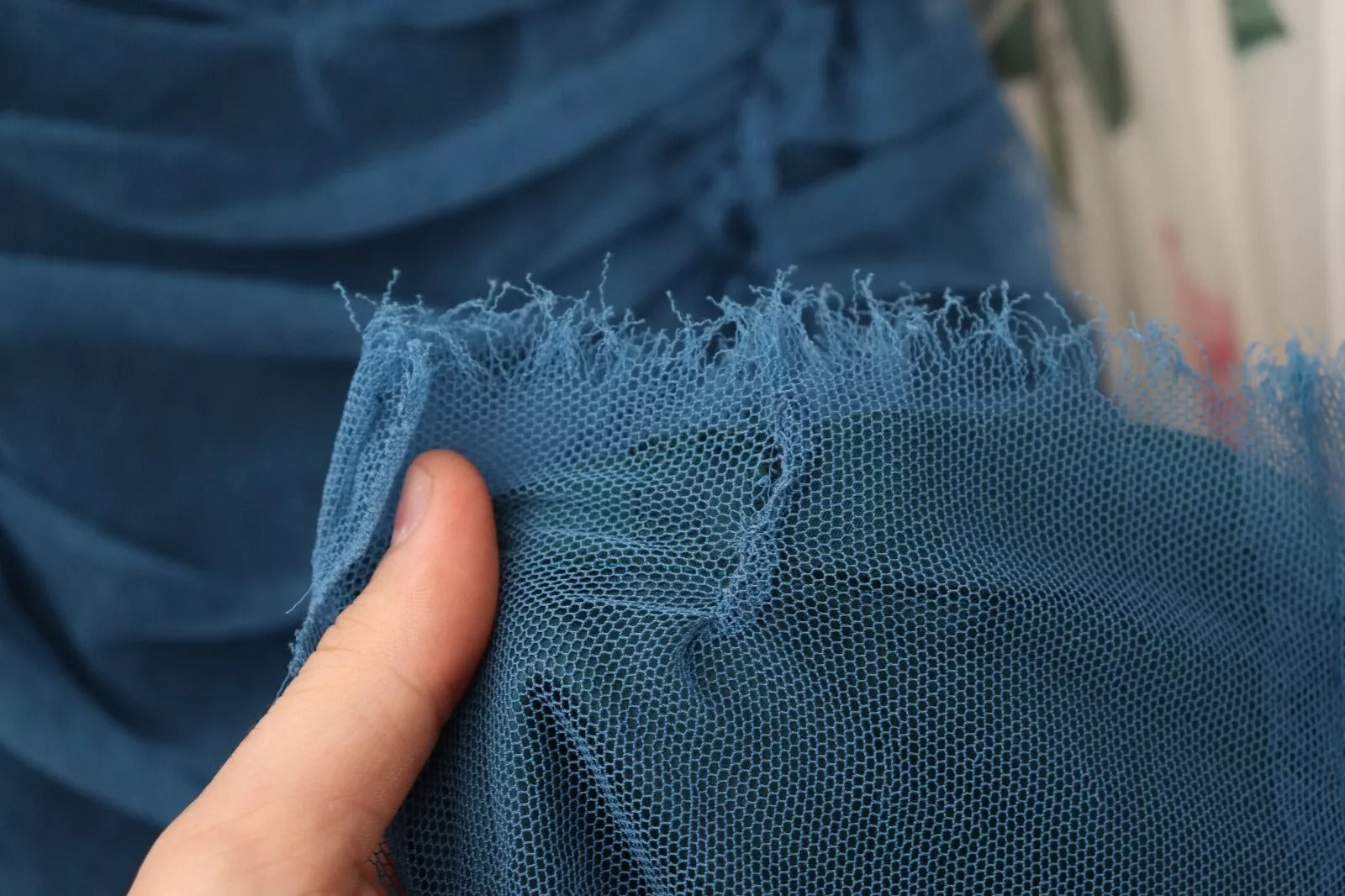 Blue Mesh Trim Ruched Tulle Sheath Dress