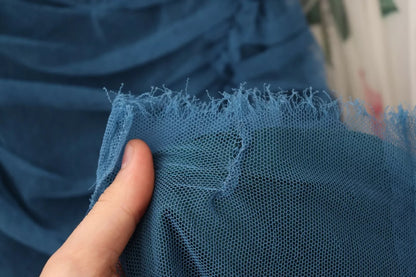 Blue Mesh Trim Ruched Tulle Sheath Dress