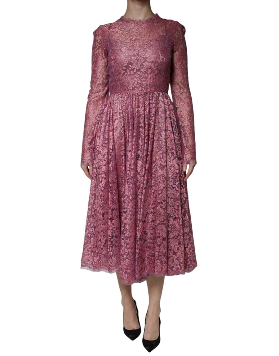 Pink Floral Lace Long Sleeve Midi Dress