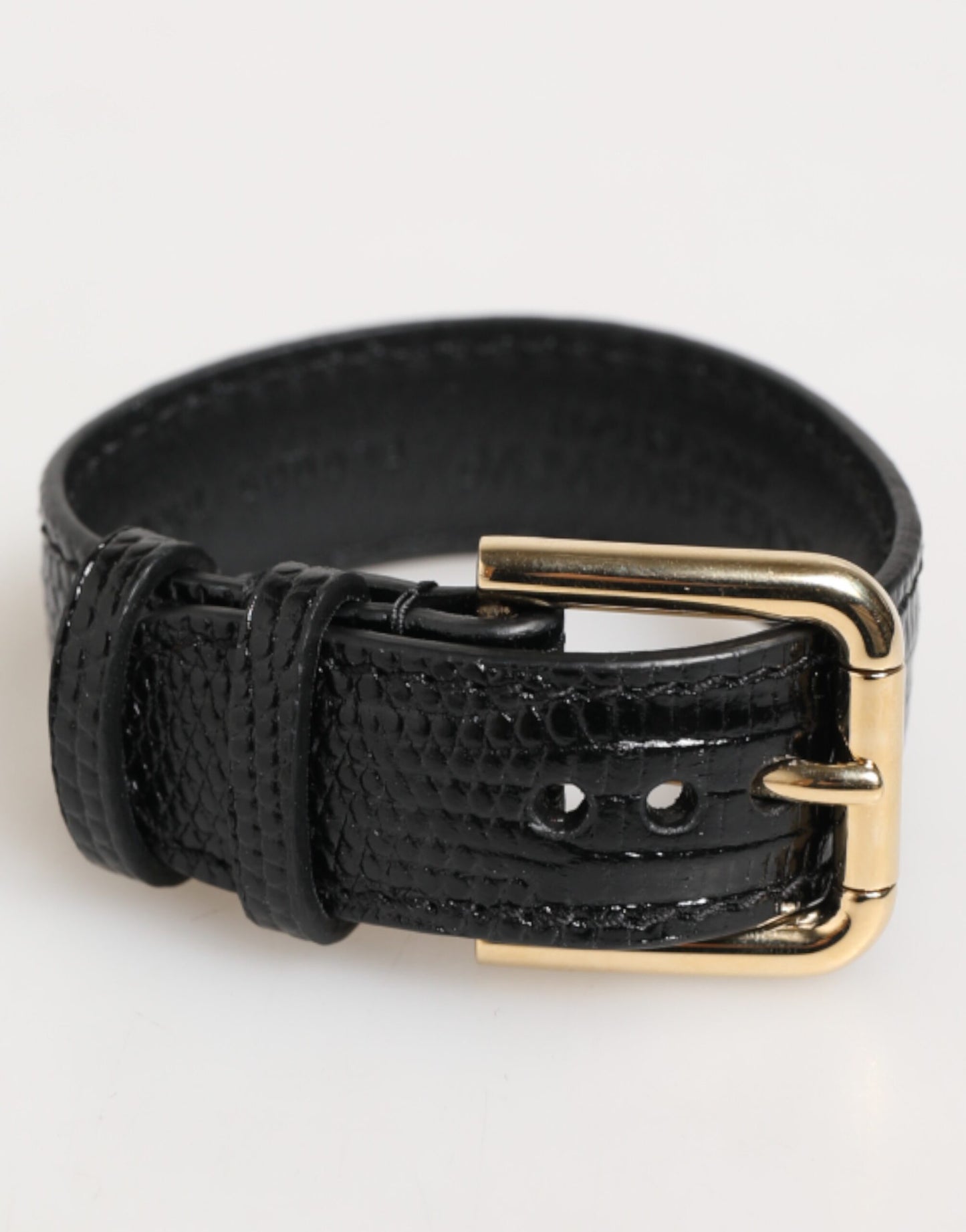 Black Embossed Leather Gold Buckle Belt Strap Bracelet