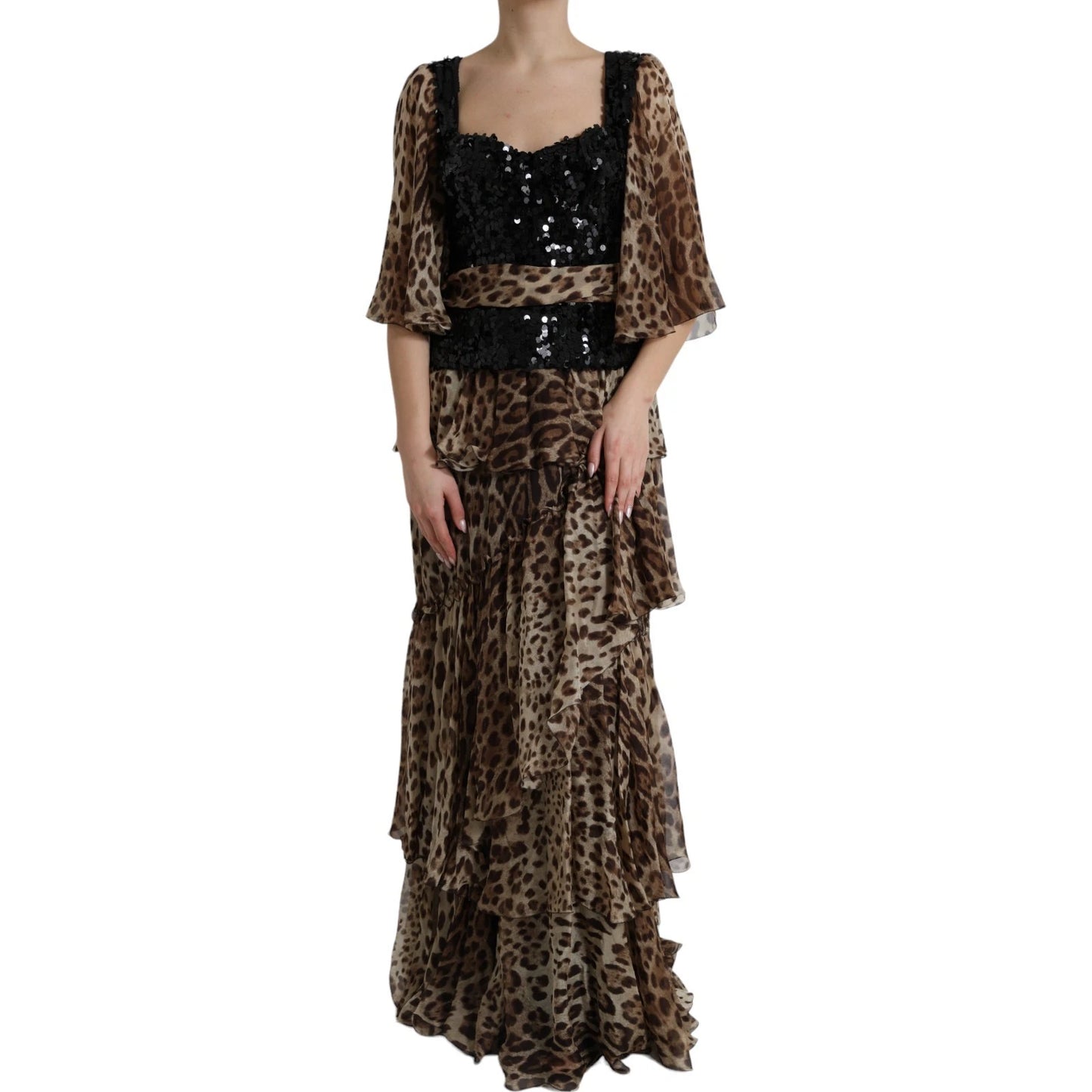 Leopard Print Silk Sequin Ruffle Maxi Dress