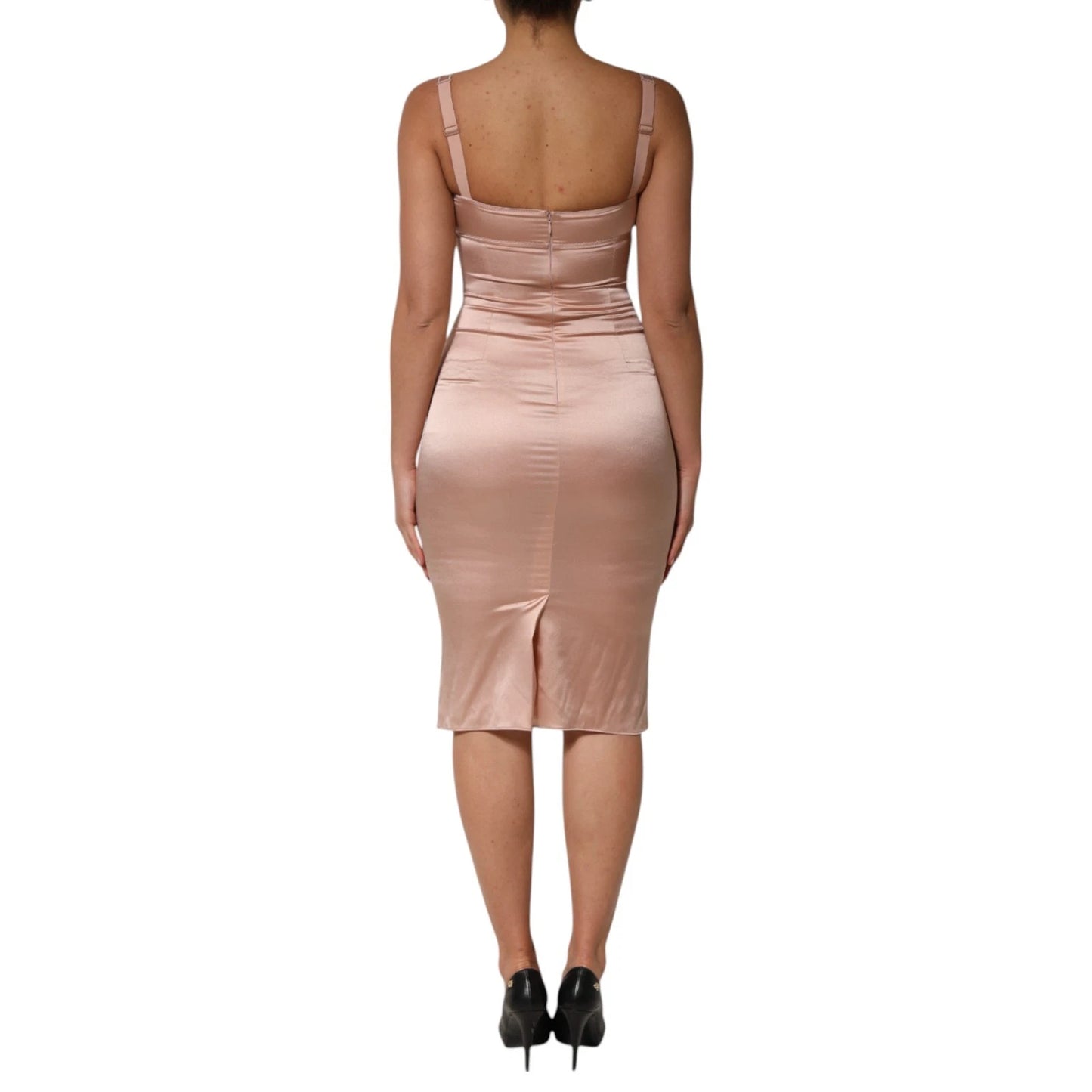 Blush Pink Silk Satin Bustier Midi Bodycon Dress
