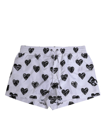 White Black Heart Print Men Boxer Short Swimwear