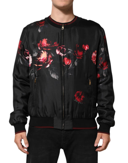 Black Red Floral Silk Bomber Blouson Jacket