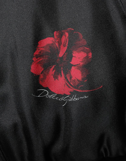 Black Red Floral Silk Bomber Blouson Jacket