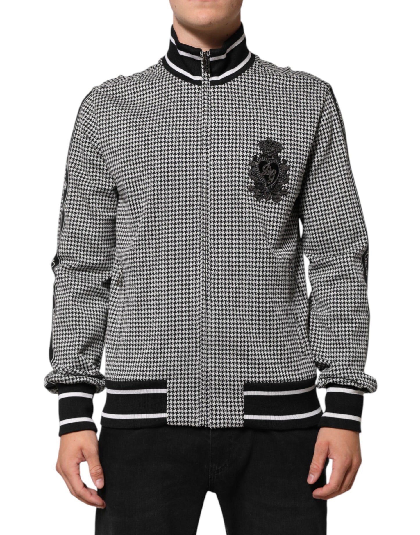 Black White Houndstooth Wool Crest Jacket Sweater