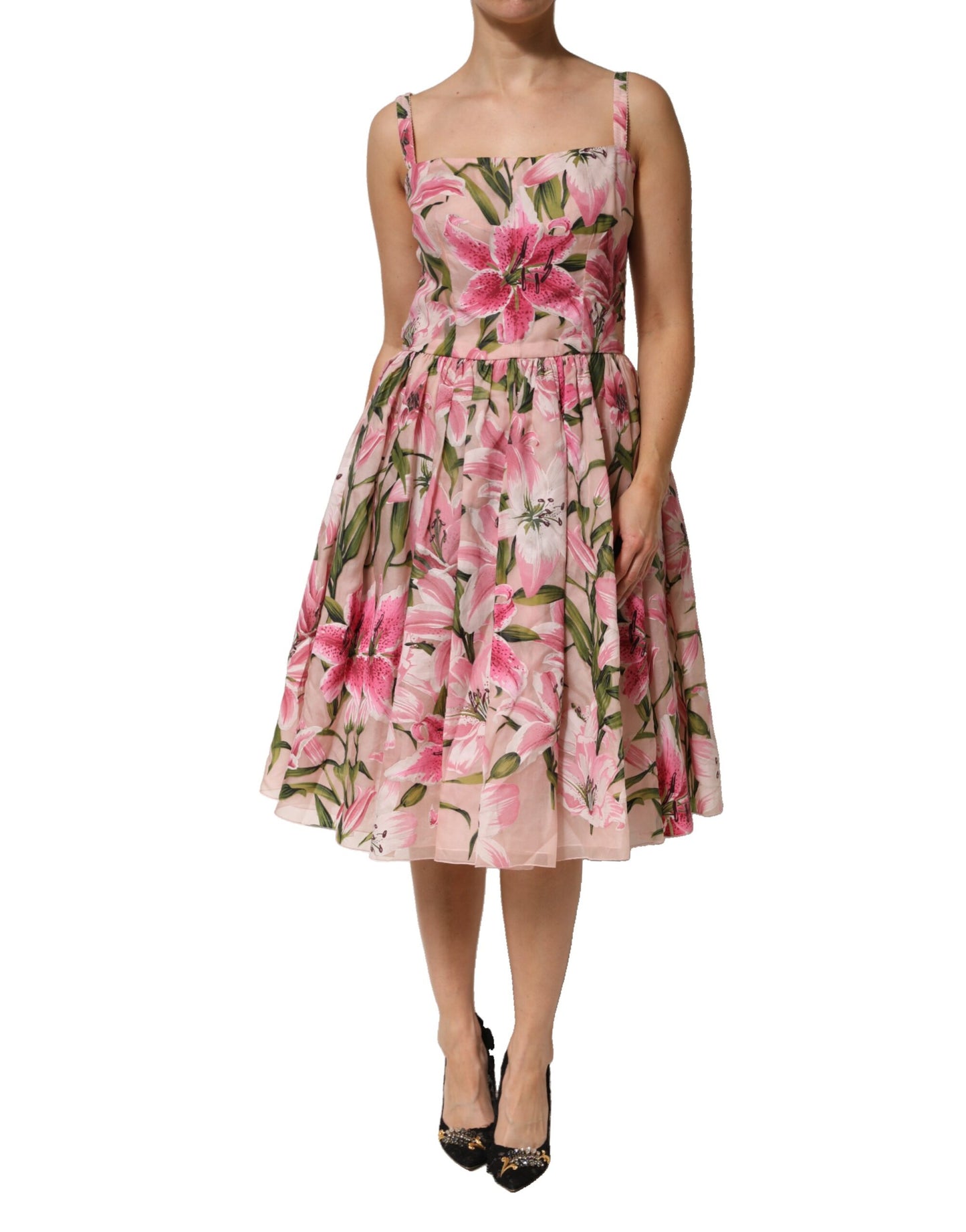 Pink Floral Lily Print Midi Sleeveless Dress