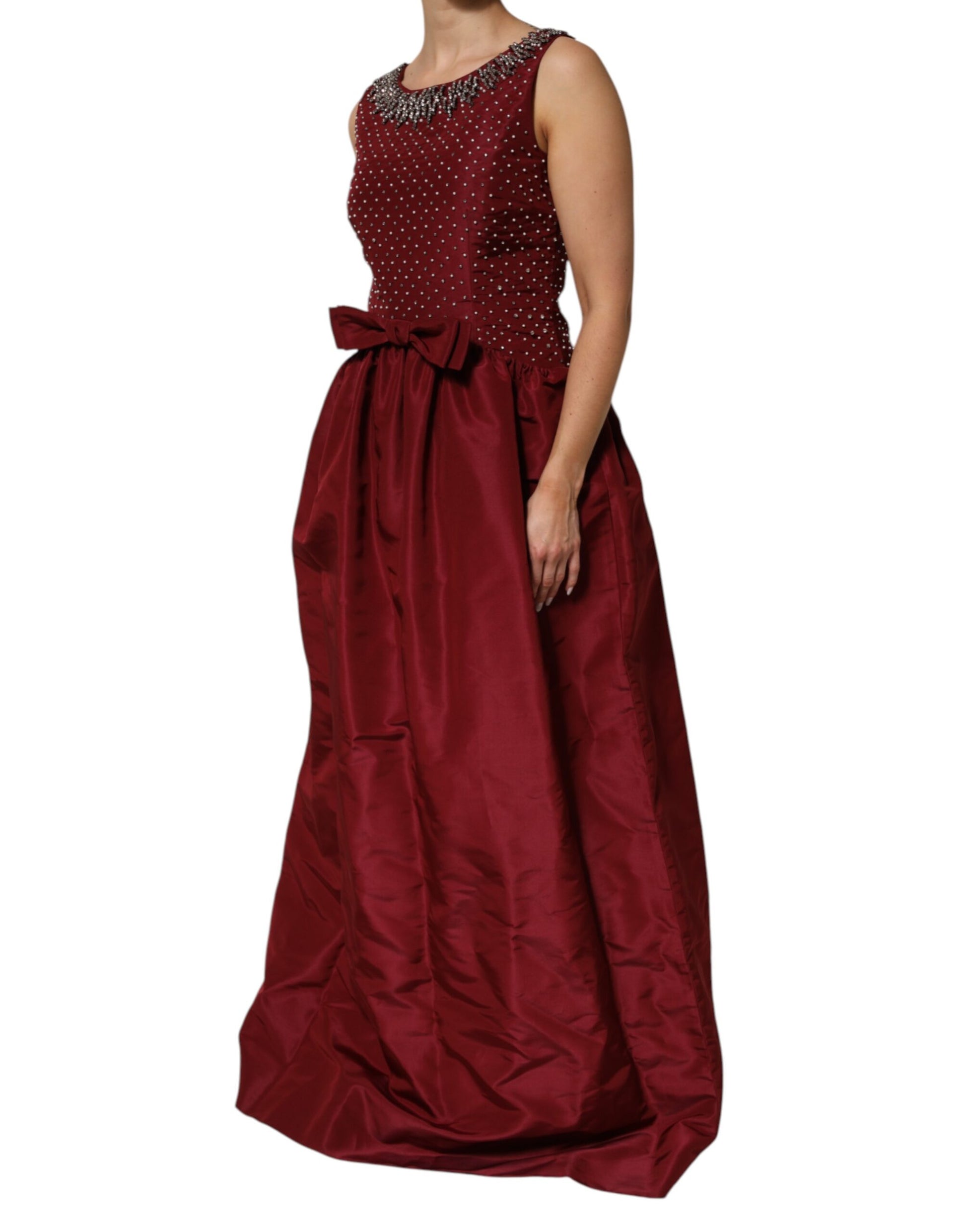 Burgundy Silk Beaded Evening Gown Dress