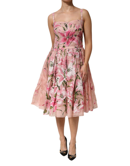 Pink Cotton Floral Pleated Sleeveless Dress