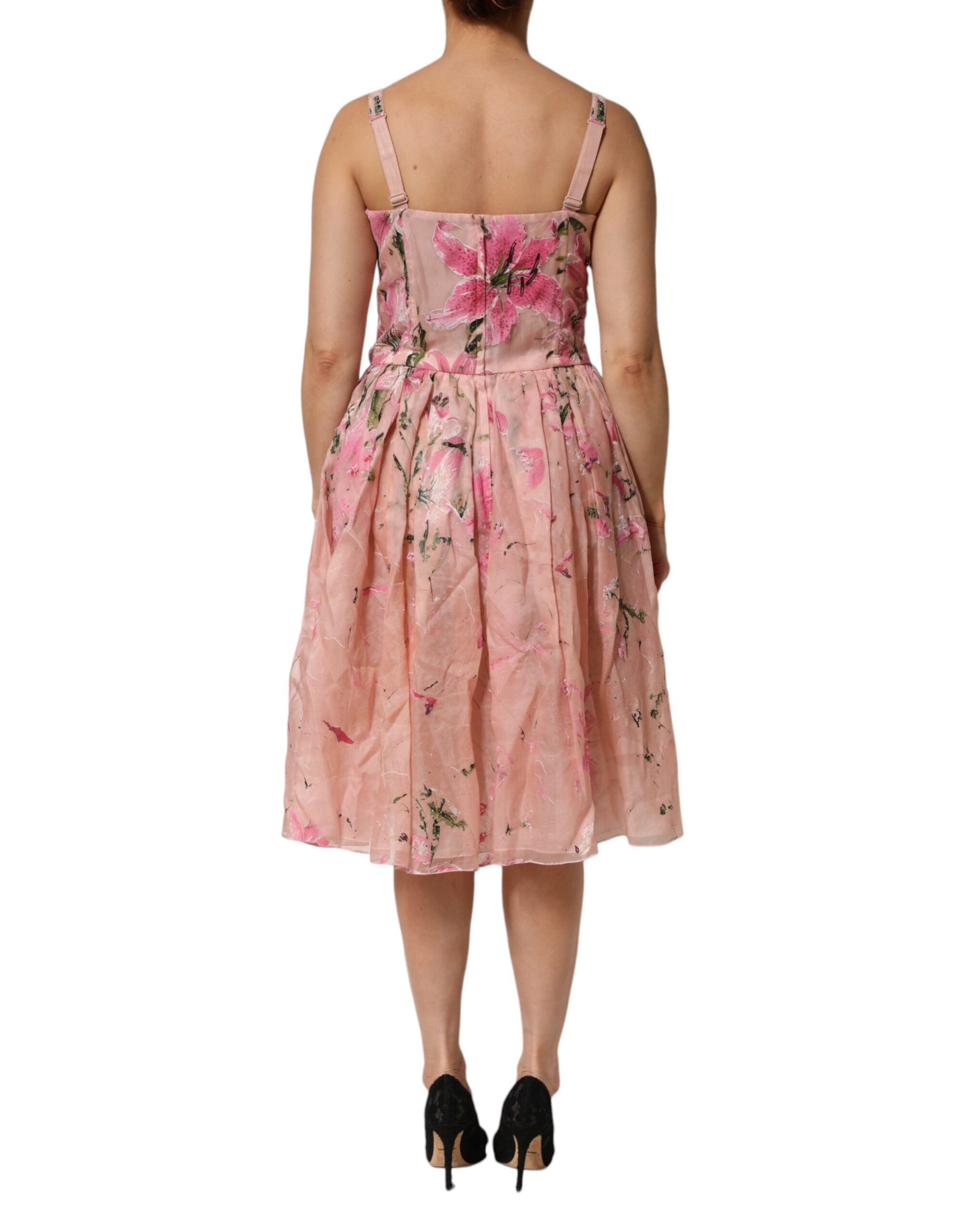 Pink Cotton Floral Pleated Sleeveless Dress