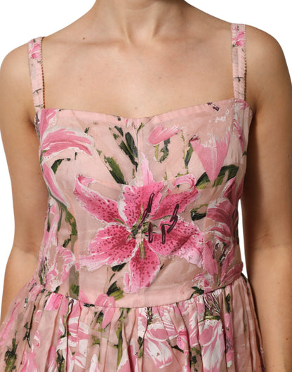 Pink Cotton Floral Pleated Sleeveless Dress