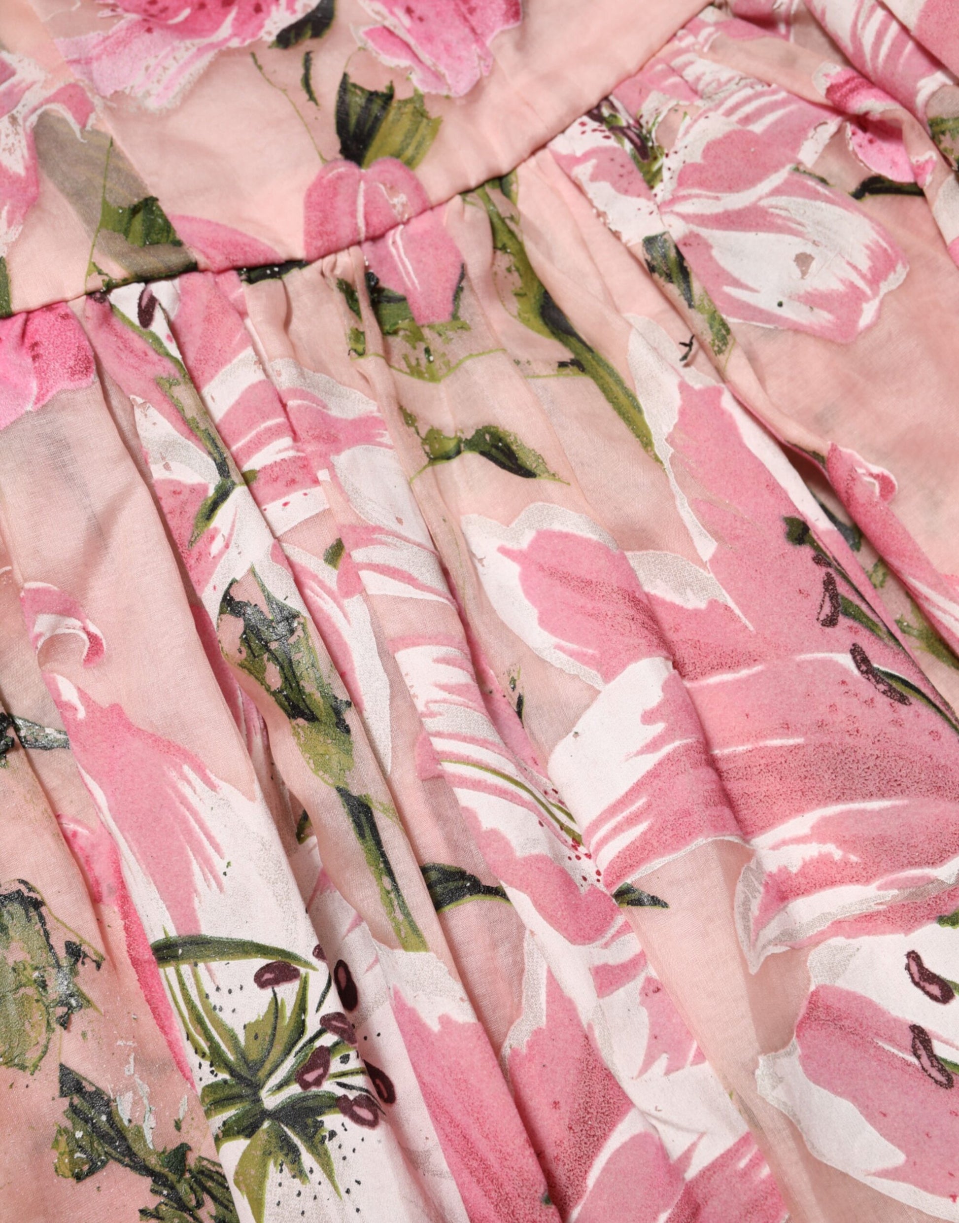 Pink Cotton Floral Pleated Sleeveless Dress