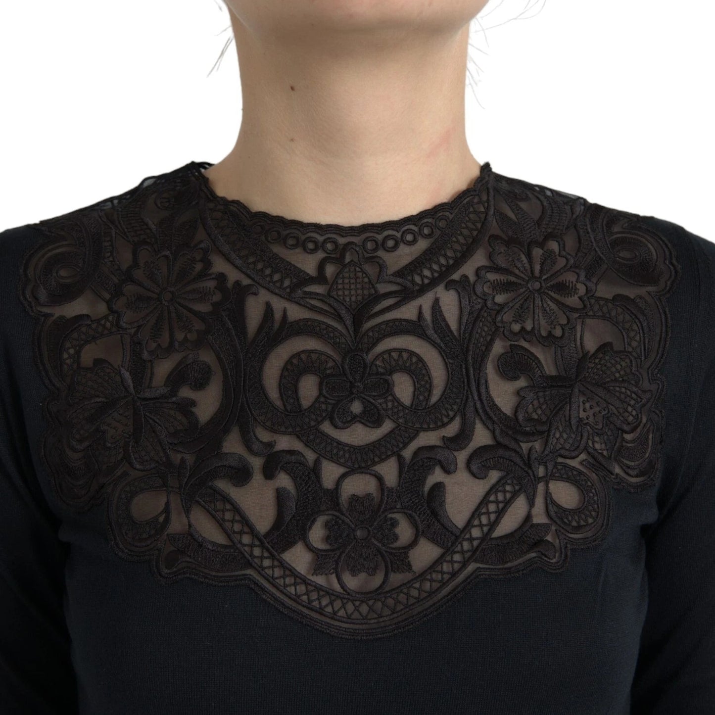 Black Silk Lace Trim Long Sleeves Blouse Top