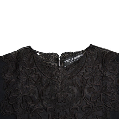 Black Silk Lace Trim Long Sleeves Blouse Top