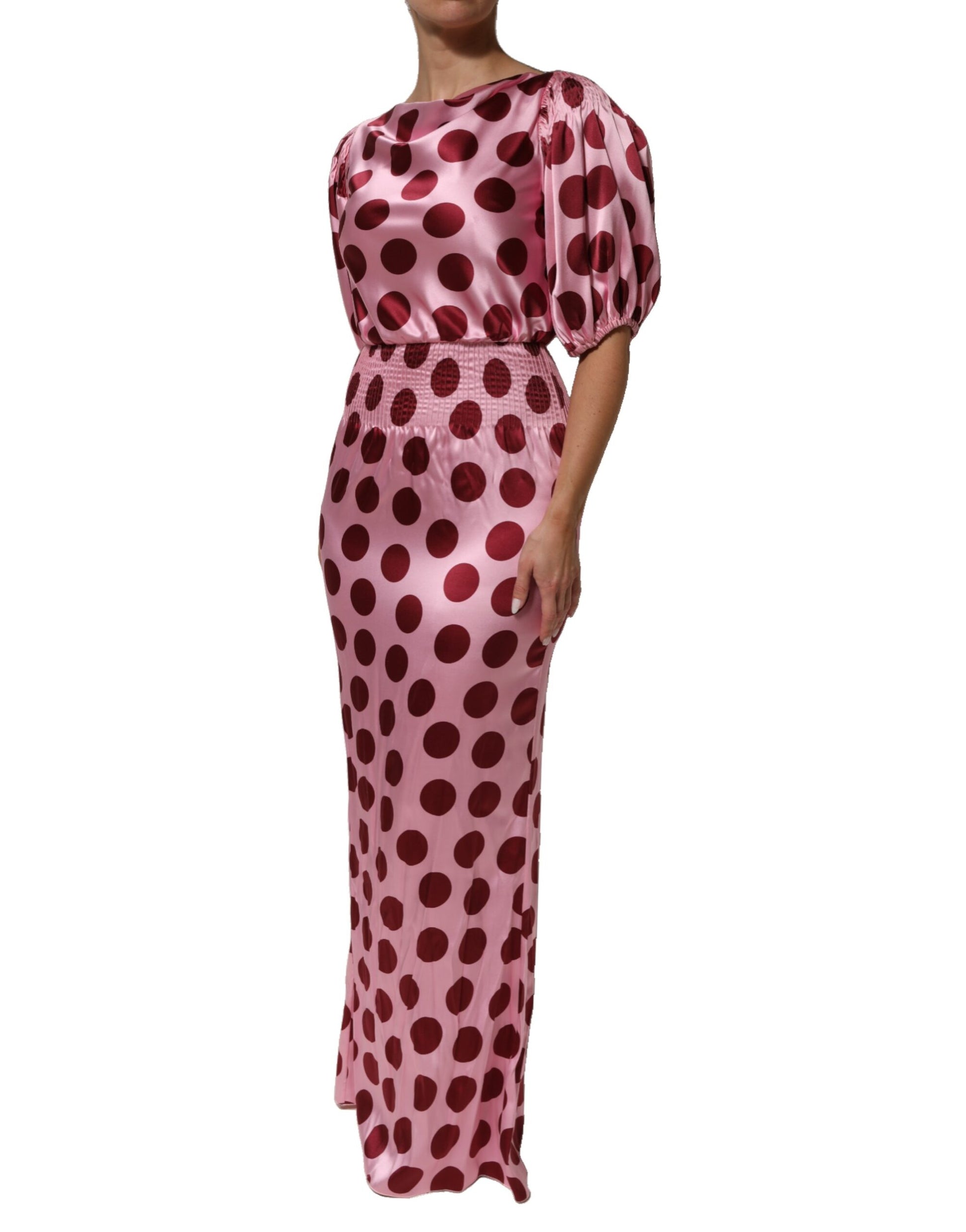 Pink Red Polka Dot Silk Satin Maxi Gown Dress