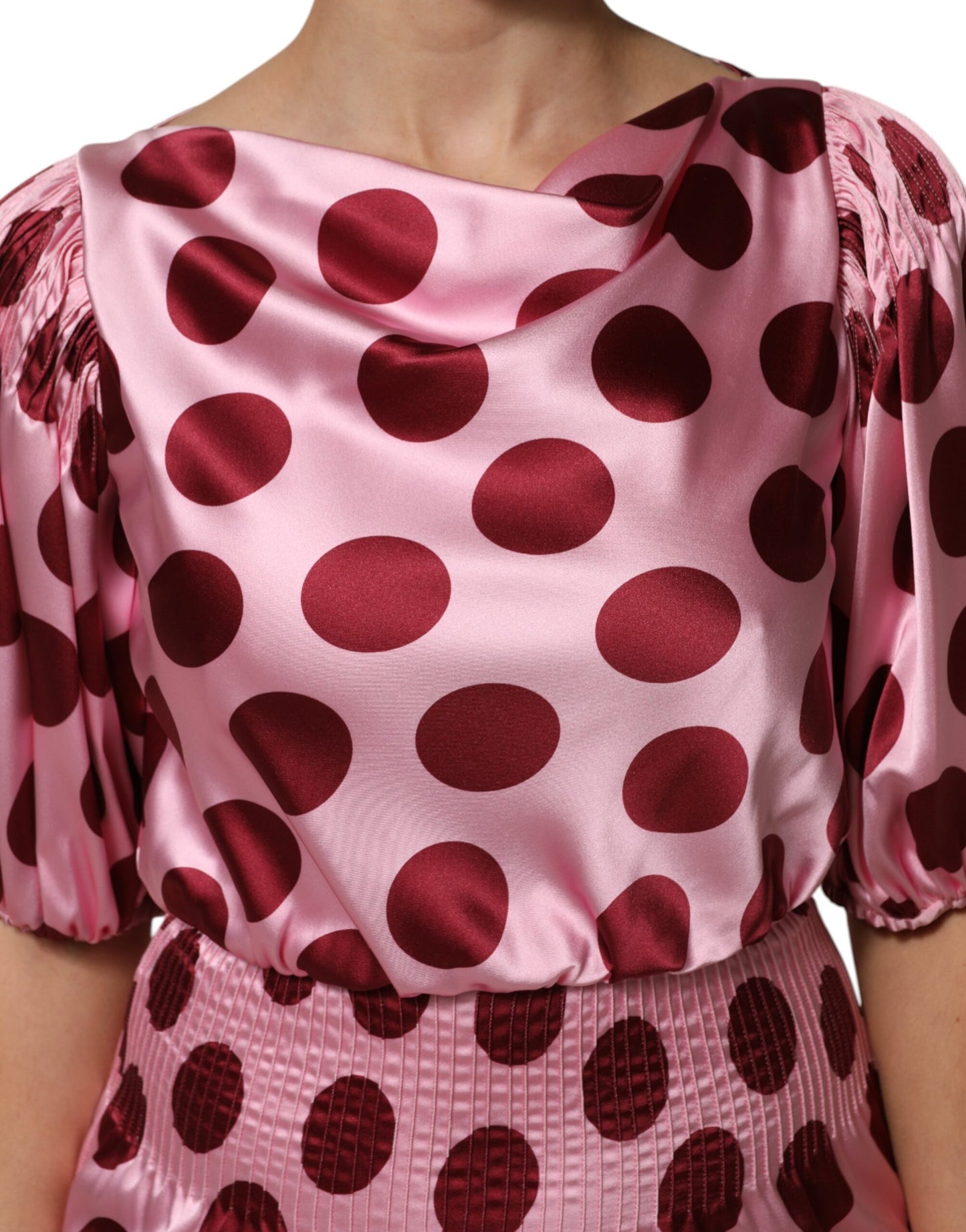 Pink Red Polka Dot Silk Satin Maxi Gown Dress