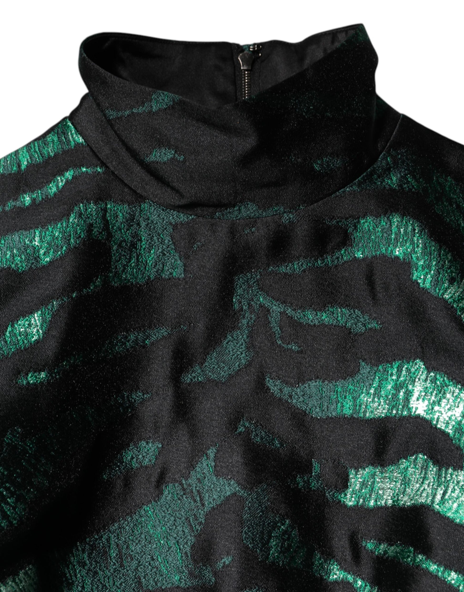 Black Green Metallic Jacquard Mini Long Dress