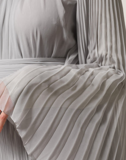 Grey Pleated Maxi Long Sleeve Silk Blend Gown Dress