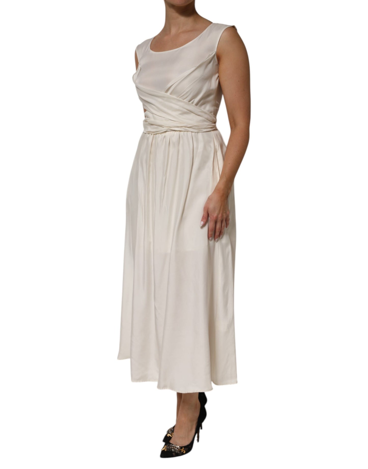 Ivory White Sleeveless Maxi Cupro Viscose Dress