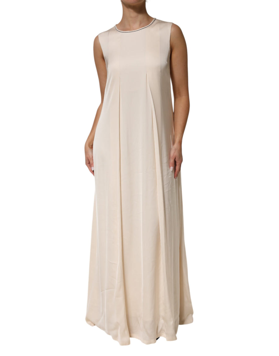Beige Viscose Pleated Sleeveless Long Maxi Dress