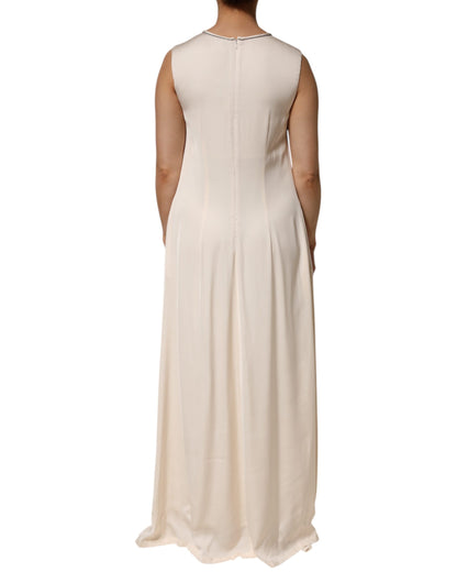 Beige Viscose Pleated Sleeveless Long Maxi Dress