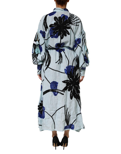 Blue Sequin Embellished Shirt Maxi Dress