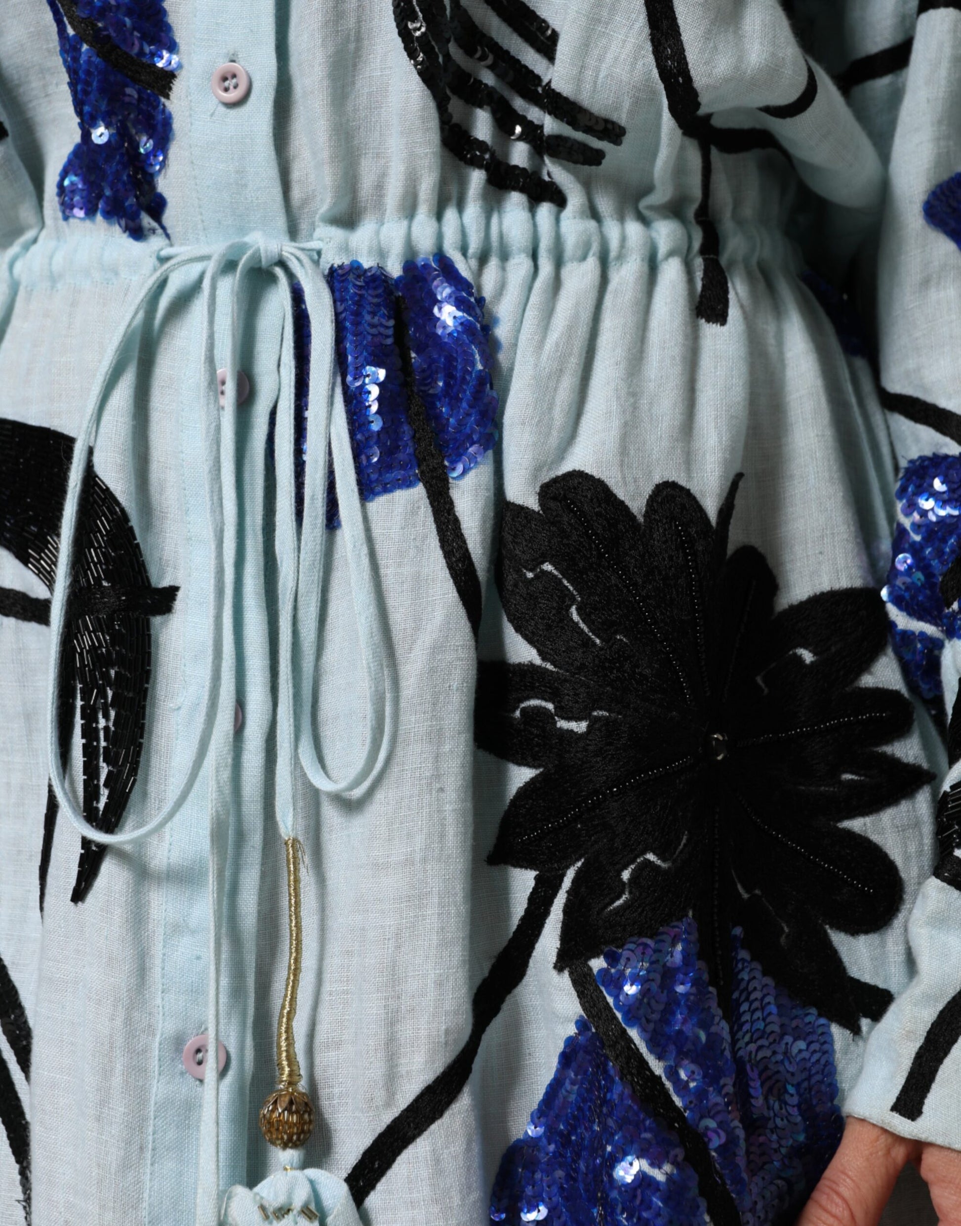 Blue Sequin Embellished Shirt Maxi Dress