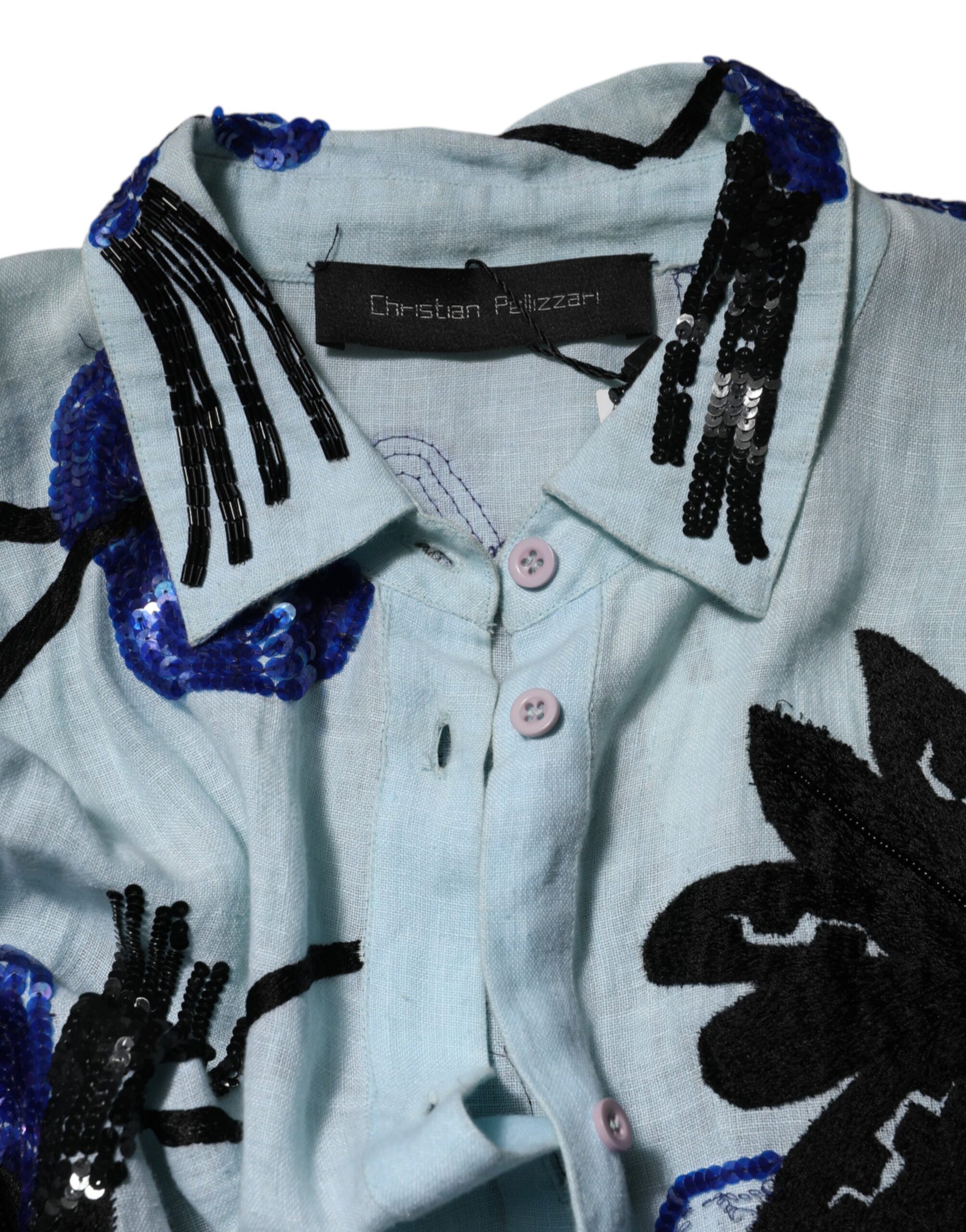 Blue Sequin Embellished Shirt Maxi Dress