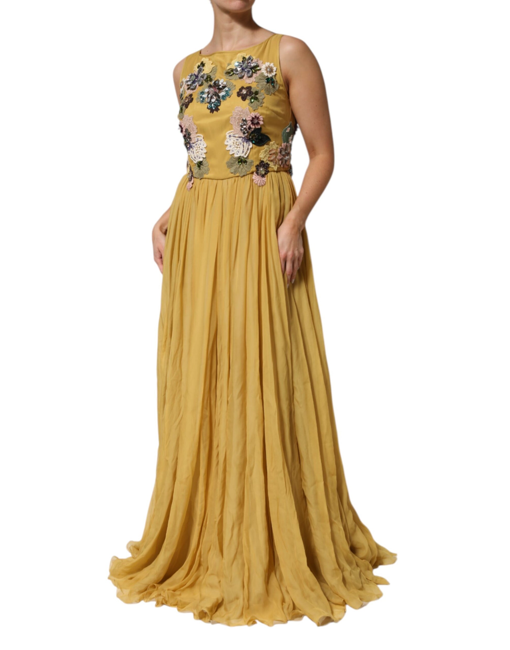 Yellow Silk Floral Embroidered Maxi Dress